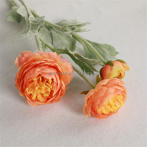 Décorations de mariage, <span class=keywords><strong>fleurs</strong></span> artificielles, pivoines artificielles en soie, tige floquée, 3 têtes, Ranunculus, QSLH-CF119 - Product Image 3