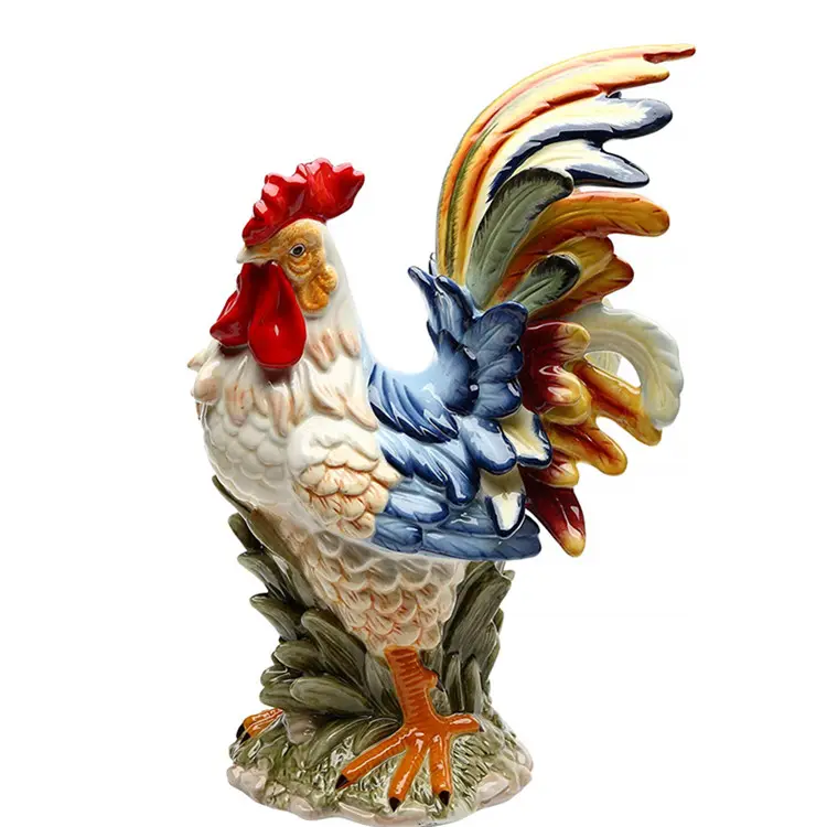 Décoratif en céramique coq 15.75 Pouces Peintes En Porcelaine Coloré Coq Oiseau Figurine Statue Bleu/Orange