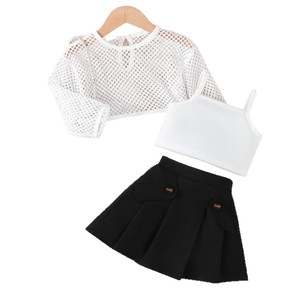 ชุดเสื้อผ้าเด็กผู้หญิงลายดอกไม้สไตล์จีน 3 ชิ้น สำหรับเด็กอายุ 1-6 ปี ประกอบด้วยเสื้อคลุมแขนยาวผ้าตาข่าย + เสื้อแขนกุด + เสื้อเชิ้ต - Product Image 1