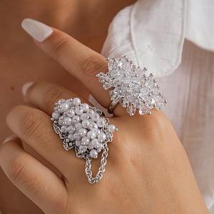 Pearl Crystal Cluster Chain Tassel Open <b>Statement</b> <b>Rings</b> Adjustable Women Fashion Jewelry - Product Image 1