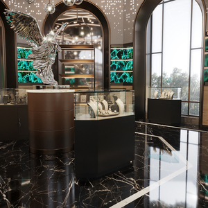 Yiree Custom Black Glass Store Exhibición de joyas Vitrina Gabinete Marco de hierro en polvo con luz LED - Product Image 2