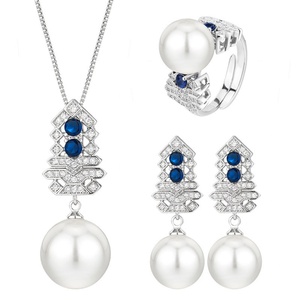 High End Eco-friendly Copper Christmas Tree Necklace <b>Earrings</b> <b>Set</b> Blue Cubic Zirconia 16-12mm White Pearl Jewelry <b>Set</b> - Product Image 1