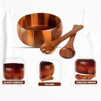 Accueil Bol à salade en bois d'acacia de laurier Ensemble de saladiers en bois Grand bol de service avec cuillère à salade et fourchette Ustensiles de service