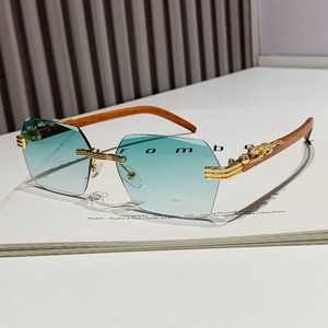 <b>Rimless</b> Gradient <b>Sunglasses</b> Wood Frame Leopard Decor Men UV400 Sun Protection - Product Image 1