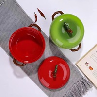 Pot à soupe de nouilles en céramique, grand, mignon, motif pomme rouge et verte à double anse, peint à la main sous glaçure 3D, anti-brûlure, pour la maison
