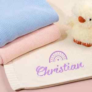 Manta de punto suave personalizada con nombre bordado, mantas de algodón tejidas para recién nacidos para cuna, cochecito, guardería, ropa de cama para el hogar - Product Image 1