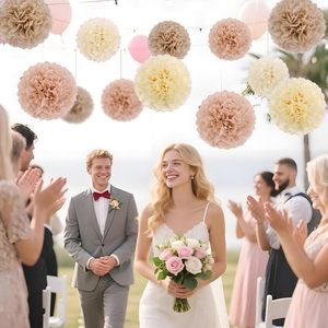 Fleurs en papier de soie pompons bohèmes, décorations neutres marron champagne pour fête prénuptiale, baby shower, mariage, <span class=keywords><strong>anniversaire</strong></span> - Product Image 4