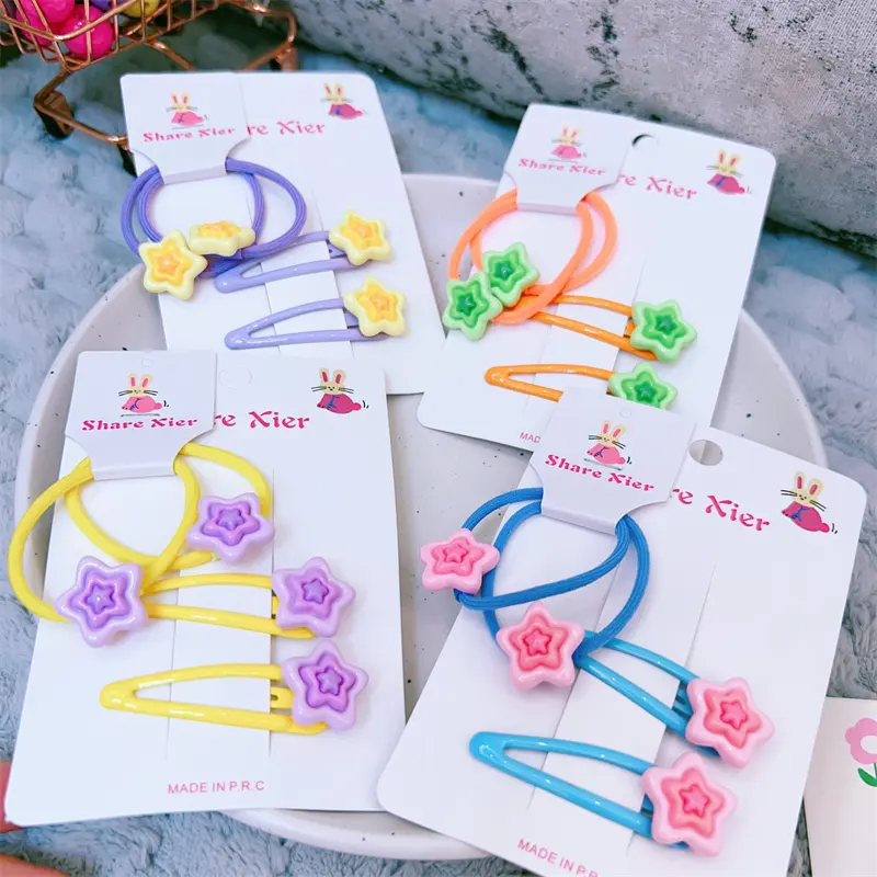 MYLULU Yiwu Buying Agent 4 pcs/card Cute Five-Pointed bb Clip And Hair Ties Sets For Kids Hair Accessories