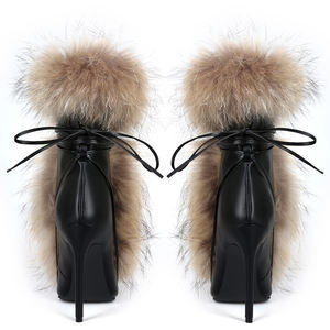 Botines de tacón de aguja para mujer, con cordones delanteros, de piel sintética, talla grande 47, ajuste ancho, botines de tobillo con peluche. - Product Image 6