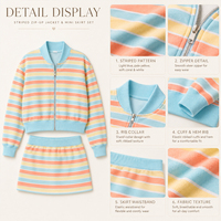 Ensemble deux pièces décontracté pour femme : veste courte zippée à rayures imprimées et mini-jupe moulante, style sweat-shirt et short