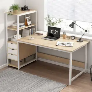Meja Komputer dengan rak, meja kantor Modern dengan rak 4 tingkat, meja kerja tahan lama untuk rumah, kamar tidur, kantor