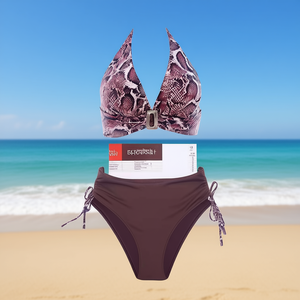 Costume da bagno bikini taglie forti HDJ con stampa serpente, top all'americana con fibbia e slip marrone con laccetti laterali, set due pezzi da donna - Product Image 2