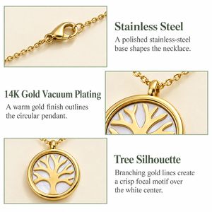 Collier en acier inoxydable plaqué or 14 carats sous vide avec pendentif rond central blanc motif arbre - Product Image 5