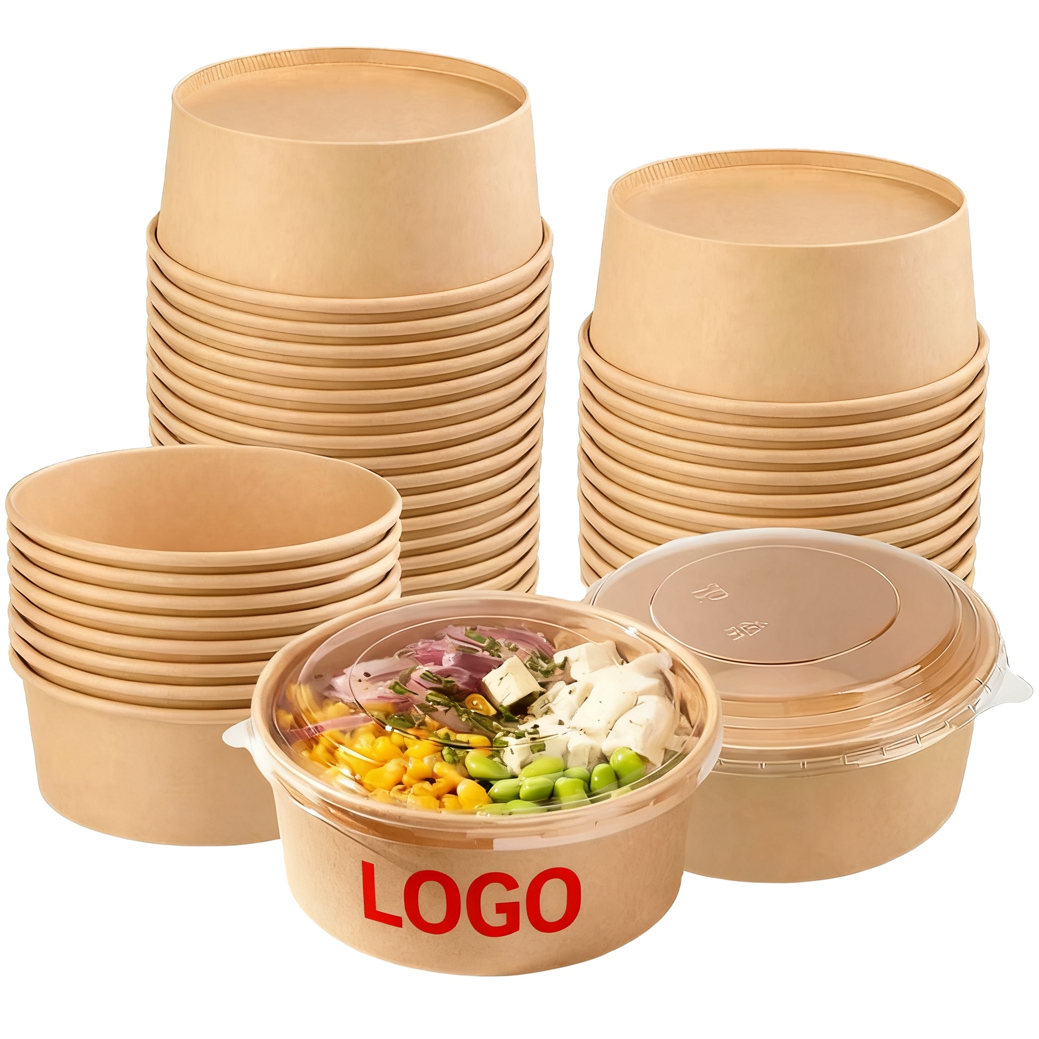 Custom Biodegradable 750ml-1500ml Craft Paper Salad Bowls Food Container With Stamped Embossed Lid And Better Visibility