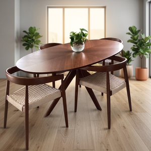 Ensemble de table à manger ovale en teck minimaliste de style mid-century modern avec chaises à assise tressée, 4 pièces, meubles écologiques pour la salle à manger à domicile - Product Image 3