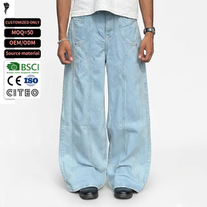 Jean en denim large pour homme, taille haute, délavé, en coton, style streetwear, coupe ample, respirant, poids moyen, avec poches - Product Image 1