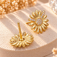 Boucles d'oreilles clous en laiton plaqué or 18 carats avec zircone cubique, motif fleur marguerite tournesol, bijoux de mode pour femmes, vente en gros, OEM personnalisé