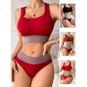 Frauen schwarz atmungsaktiv gerippt Yoga Unterwäsche Set Damen Damen BH und Höschen 2 Stück Push-up nahtlose Sport-BH-Sets - Product Image 1