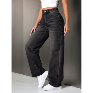 Jean large moderne Wishker pour femme, tendance, noir, taille haute, extensible, coupe décontractée, pour tous les jours, tissu écologique - Product Image 2