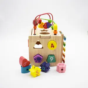 kids intelligence game wooden assembling box Multi-Functional learning toy with xylophone blocks time clock stringing beads