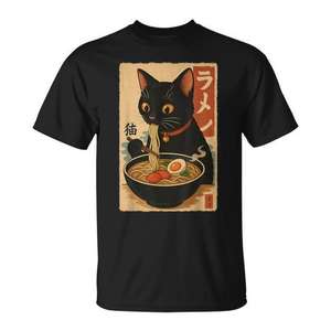 Camiseta Ramen Cat Japanese Vintage Kawaii Anime negra para adultos unisex - Product Image 1