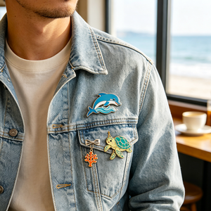 Badges en métal émaillés personnalisés sur le thème des animaux marins : Ours marin, Pingouin, Tortue, Phoque, Dauphin - Product Image 4