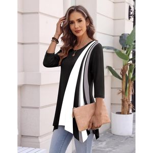 FOXA Women's 3/4 Sleeve <b>Asymmetrical</b> <b>Hem</b> Tunic Shirt Plus Size Loose Blouse Crew Neck Spliced Design Long <b>Top</b> for Casual Wear - Product Image 4