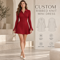 Robe Courte Décontractée Femme à Marque Blanche, en Maille Côtelée, Boutonnée sur le Devant, Col Chemise, Manches Longues Évasées, Coupe Ajustée