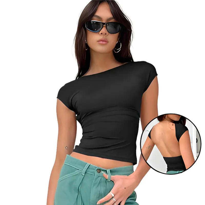 Custom Logo Women Crop Top Short Sleeve Tee Shirts Backless T-Shirts Pour Hommes Slim Fit T Shirt
