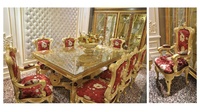 Ensemble de table à manger ronde en bois doré antique de luxe royal avec 6 chaises violettes