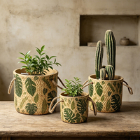 Pot de fleurs en céramique rétro, imitation texture tissée, imprimé feuille de Monstera, pot rond pour plantes vertes, roses, cactus, décoration intérieure