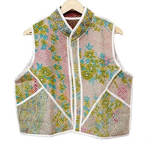 Chaleco de Algodón Kantha Vintage con Cuello en V, Transpirable, Ecológico, Hecho a Mano para Mujer, Chaleco Corto de Verano con Trabajo de Hilo - Product Image 1