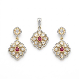 925 Silver <b>Ruby</b> Kundan Polki Pendant Set with Earrings Gold Floral Bridal Jewelry Set Design for Women Elegant Party Jewelry - Product Image 1