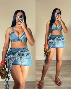 Summer <strong>Stretch</strong> <strong>Denim</strong> Two Pieces <strong>Skirt</strong> Set With v Neck <strong>Denim</strong> Top and Mini <strong>Denim</strong> <strong>Skirt</strong> - Product Image 1