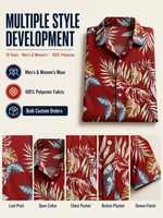 Kemeja Lengan Pendek Motif Daun Tropis Merah dengan Saku Dada 100% Poliester Pakaian Kustom