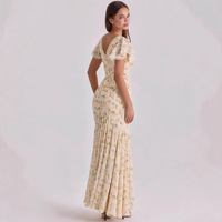 Robe longue élégante à col en V et motif floral pour femme, nouvelle collection été 2026, style rétro à manches courtes