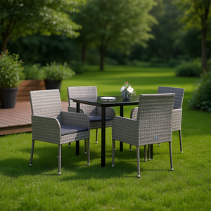 Set da Pranzo da Giardino in Rattan Grigio per 4 Persone, Resistente alle Intemperie, Design Contemporaneo con Struttura in Metallo - Product Image 3