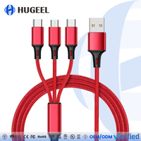Câble Type-C 3-en-1 en gros, câble de données USB C à charge rapide 3A PD, kit de câbles de charge Type-C 3 ports pour téléphone, tablette, montre