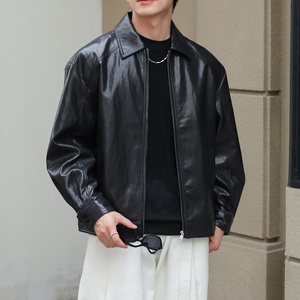 Blouson classique à revers en similicuir pour homme, tissu de base en mélange de viscose enduit de PU avec fibres métalliques et doublure en polyester - Product Image 5