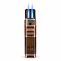 Briquet torche à double flamme pour cigares, rechargeable au butane, coupe-vent avec verrou de sécurité, flamme réglable, corps en fibre de carbone, cuivre