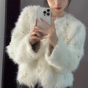 XiaoxiangFeng Pearl Beaded Furry Warm Knitted Cardigans Suéter informal O-cuello <span class=keywords><strong>Cardigan</strong></span> <span class=keywords><strong>Mujer</strong></span> - Product Image 3