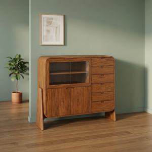 Buffet en bois massif de style mid-century modern avec portes vitrées et tiroirs, meuble de rangement pour salon - Product Image 3