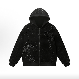 Factory Custom 100% Cotton Zipper-Up <strong>Hoodie</strong> Casual Oversized Rhinestone 3D Embroidery Print Starry Sky Hot Fix Men - Product Image 1