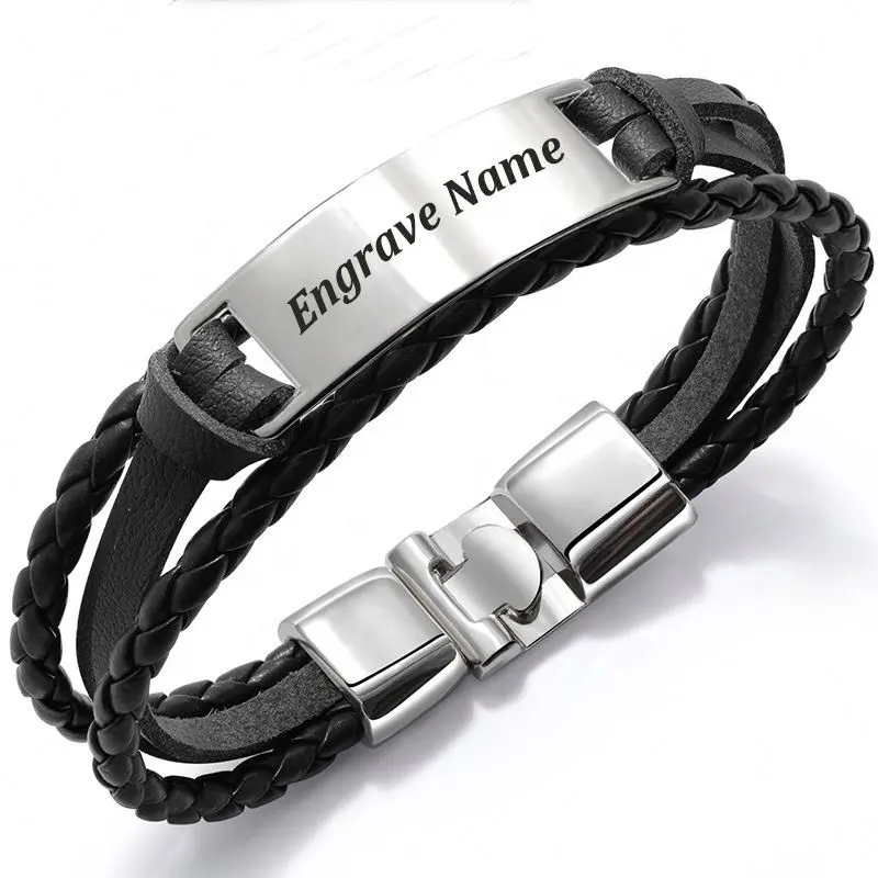 Pulsera de nombre grabado de múltiples capas a la moda para hombre, pulseras y brazalete de cuero Vintage DIY, joyería masculina