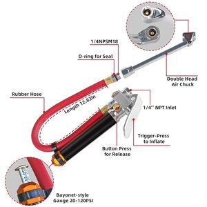Inflador de Neumáticos de Alta Resistencia con Doble Cabezal y Manguera de Goma, 120 PSI, Accesorios para Compresor de Aire, Compatible con Color Rojo - Product Image 3