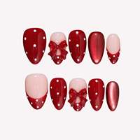 Faux ongles à presser vintage rouge bordeaux à pois avec nœud, en acrylique, avec nœud rouge 3D et French manucure effet œil de chat, pour rendez-vous, festivals et soirées