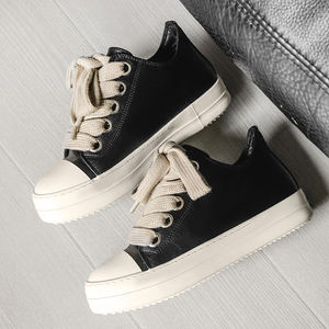 Baskets Décontractées Mixtes <span class=keywords><strong>en</strong></span> <span class=keywords><strong>Cuir</strong></span>, Chaussures Vulcanisées Tendance Étudiant(e)s, Blanc Noir à Lacets - Product Image 2