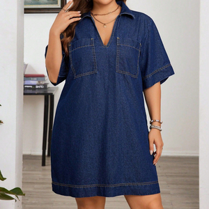 Robe en jean décontractée d'été pour <span class=keywords><strong>femme</strong></span> grande taille, coupe ample, col en V, poches avant, 85 % coton, 15 % polyester - Product Image 1