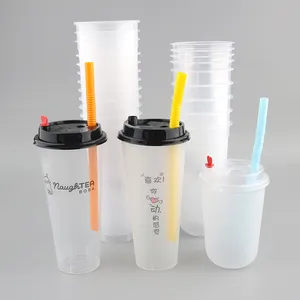 高品质定制印刷透明塑料波巴杯，带盖，尺寸为12-24盎司，采用耐用聚丙烯聚酯材料制成