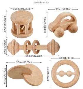 YUCI 5 pièces <span class=keywords><strong>Montessori</strong></span> en bois bébé jouet ensemble éducatif bois hochets cloches pousser voiture pour nouveau-né cadeau parfait pour les garçons - Product Image 4